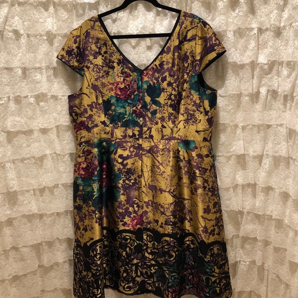Monsoon Size 22 Silk Gold Floral A-Line Dress - Picture 3 of 5